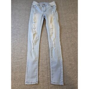 Ling Collection Skinny Jeans Womens 3/4 Blue Denim Distressed Streetwear Outdoor